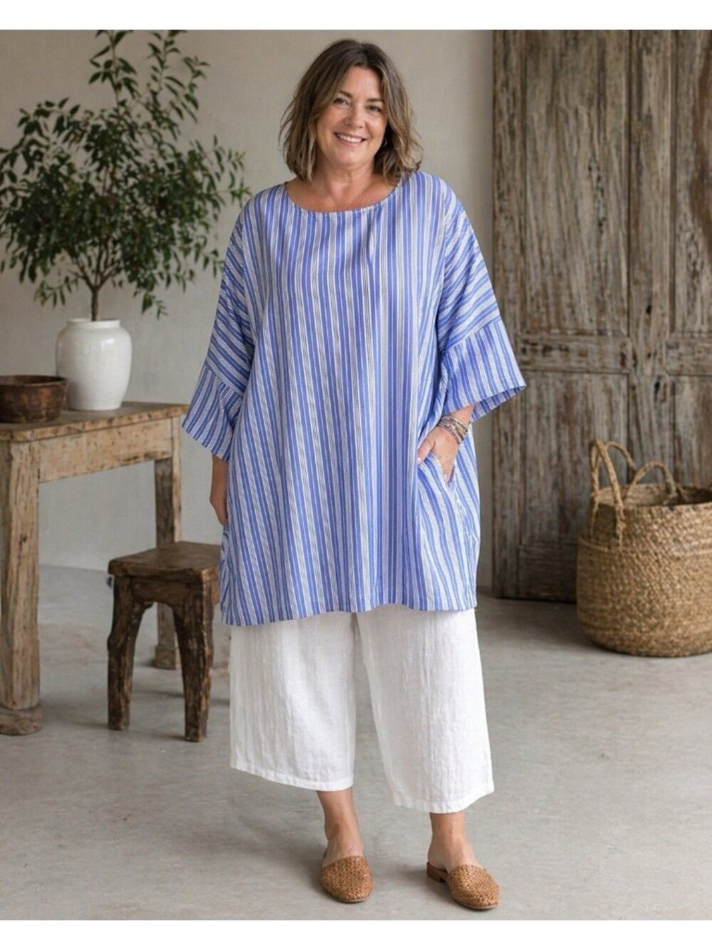 Jarbo Womens Linen Tunic Top One Sz OS Fits 2-14 Blue White Stripe Lagenlook